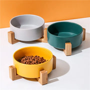 Pet Supplies Bowl Ceramics Double Food Water Bowls with Wood Stand